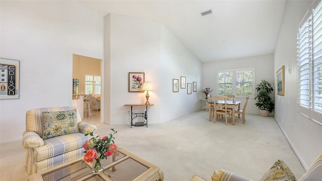4208 Balmoral Way, Sarasota, FL 34238 - living room featuring high vaulted ceiling and carpet floors