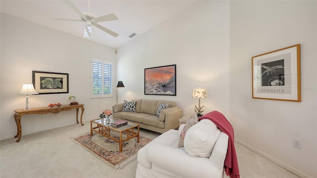 4208 Balmoral Way, Sarasota, FL 34238 - carpeted living room featuring ceiling fan and high vaulted ceiling