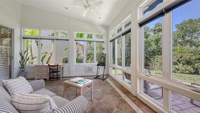 4208 Balmoral Way, Sarasota, FL 34238 - sunroom / solarium with high vaulted ceiling, stone tile flooring, and a wall mounted AC