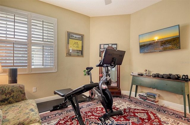 6552 Moorings Point Cir Unit 201, Lakewood Ranch, FL 34202 - workout area featuring baseboards and ceiling fan
