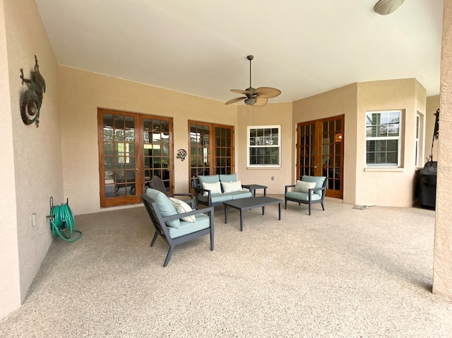 13809 18th Pl E, Bradenton, FL 34212 - view of patio with outdoor lounge area, a ceiling fan, and french doors