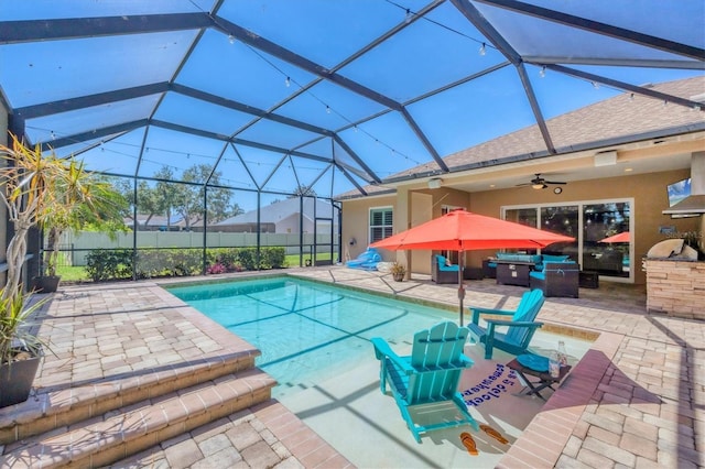 15208 21st Ave E, Bradenton, FL 34212 - view of swimming pool with a patio, a ceiling fan, area for grilling, outdoor lounge area, and a lanai