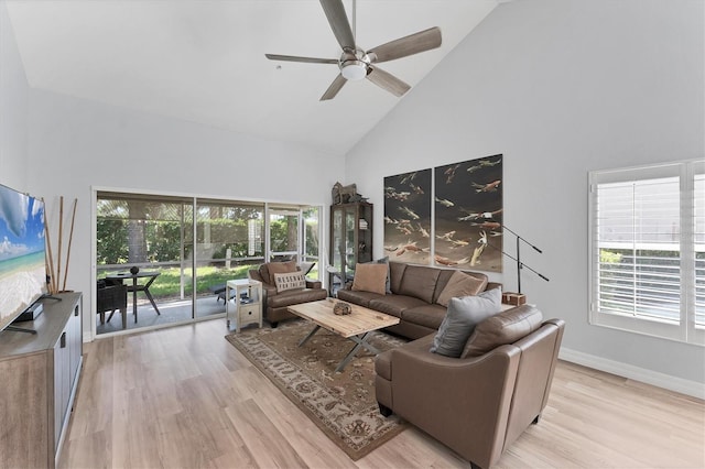 7160 Cedar Hollow Cir, Bradenton, FL 34203 - living area featuring high vaulted ceiling, ceiling fan, light wood-style floors, and baseboards