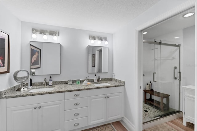 7160 Cedar Hollow Cir, Bradenton, FL 34203 - bathroom featuring wood finished floors, a shower stall, a textured ceiling, and double vanity