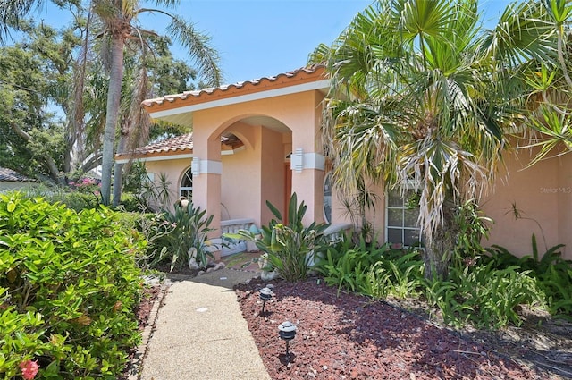 321 Sorrento Dr, Osprey, FL 34229 - view of exterior entry featuring a tile roof and stucco siding