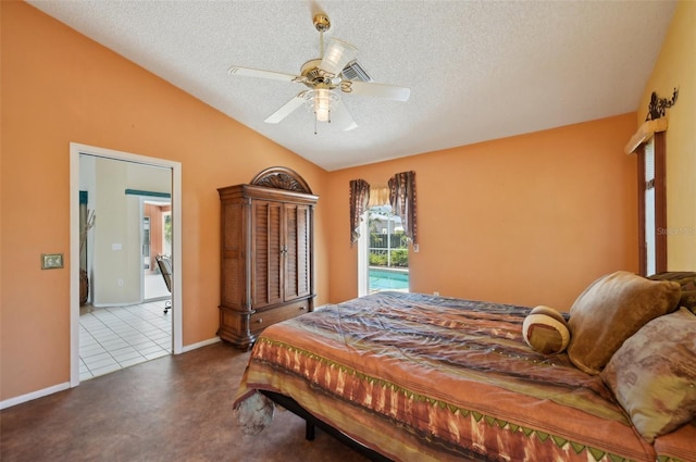 321 Sorrento Dr, Osprey, FL 34229 - bedroom featuring a textured ceiling, vaulted ceiling, ceiling fan, and baseboards