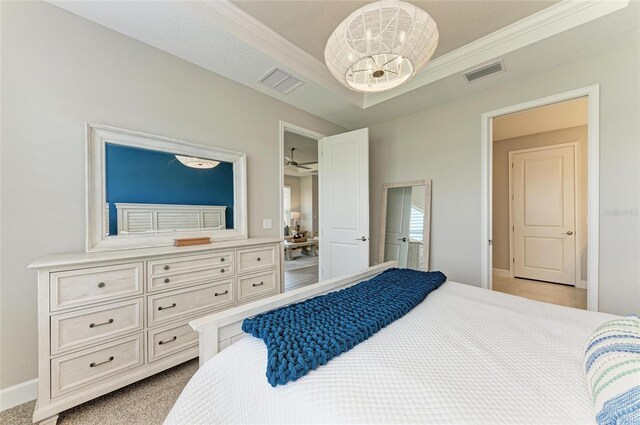 3027 Formia Ct, Lakewood Ranch, FL 34211 - bedroom featuring crown molding, a chandelier, carpet flooring, and a raised ceiling