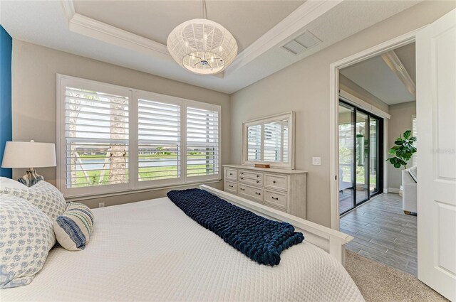 3027 Formia Ct, Lakewood Ranch, FL 34211 - bedroom featuring access to outside, a tray ceiling, and carpet floors