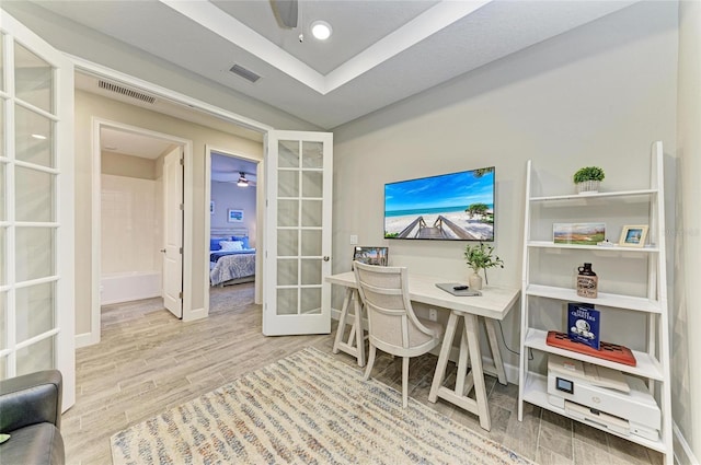 3027 Formia Ct, Lakewood Ranch, FL 34211 - office featuring ceiling fan, french doors, and wood finished floors