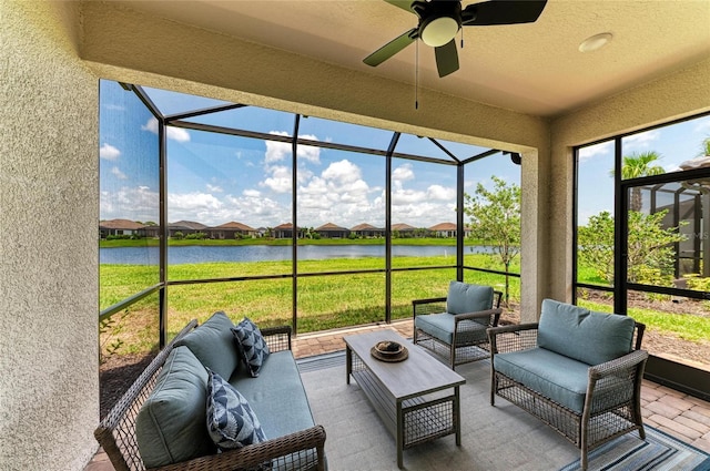 3027 Formia Ct, Lakewood Ranch, FL 34211 - sunroom / solarium with a water view, ceiling fan, an outdoor hangout area, and a residential view