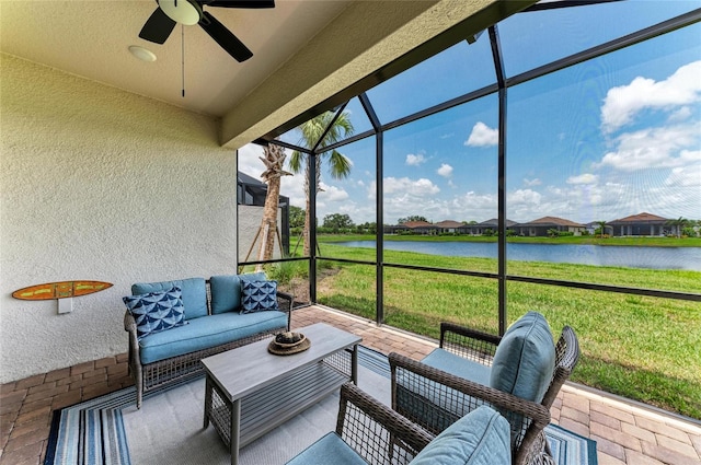 3027 Formia Ct, Lakewood Ranch, FL 34211 - sunroom / solarium with a water view, a ceiling fan, and an outdoor hangout area