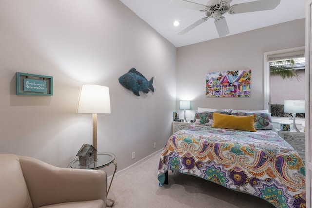 carpeted bedroom with ceiling fan, baseboards, recessed lighting, and lofted ceiling