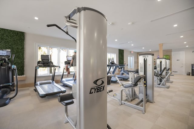 workout area with recessed lighting