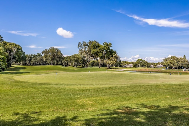 view of community with a putting area, a lawn, and view of golf course