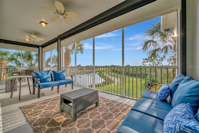 23233 Banbury Way Unit 302, Venice, FL 34293 - sunroom with ceiling fan, an outdoor hangout area, and a water view