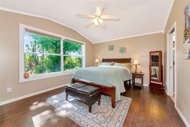 230 Fareham Dr, Venice, FL 34293 - bedroom featuring vaulted ceiling, baseboards, dark wood-style floors, ornamental molding, and ceiling fan