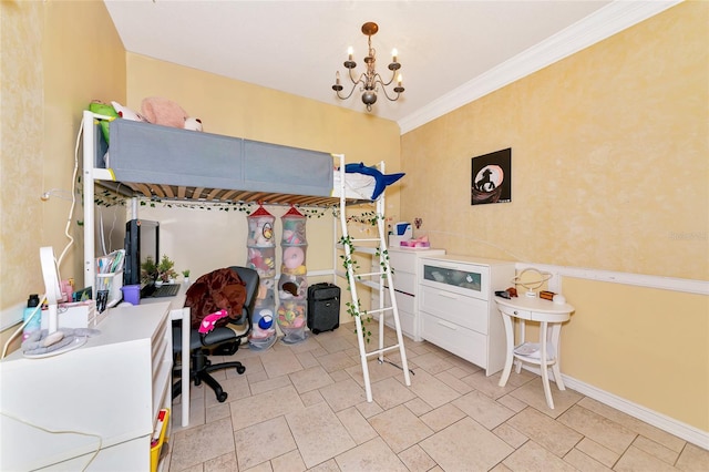 230 Fareham Dr, Venice, FL 34293 - bedroom featuring an office area, a chandelier, baseboards, and ornamental molding