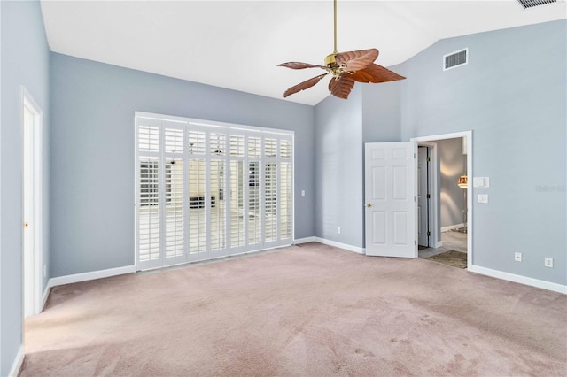 296 Pine Ranch Trl, Osprey, FL 34229 - unfurnished bedroom with carpet floors, baseboards, high vaulted ceiling, and ceiling fan