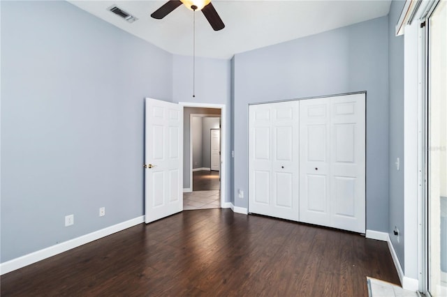 296 Pine Ranch Trl, Osprey, FL 34229 - unfurnished bedroom featuring wood finished floors, baseboards, a closet, and a ceiling fan