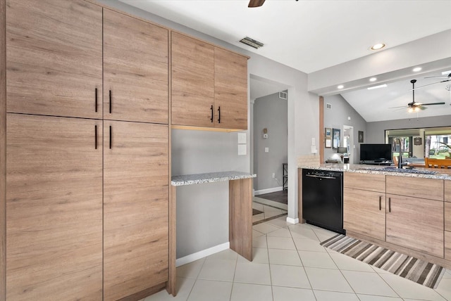 4505 Kingsmere Unit 2, Sarasota, FL 34235 - kitchen with black dishwasher, ceiling fan, baseboards, vaulted ceiling, and light tile patterned floors