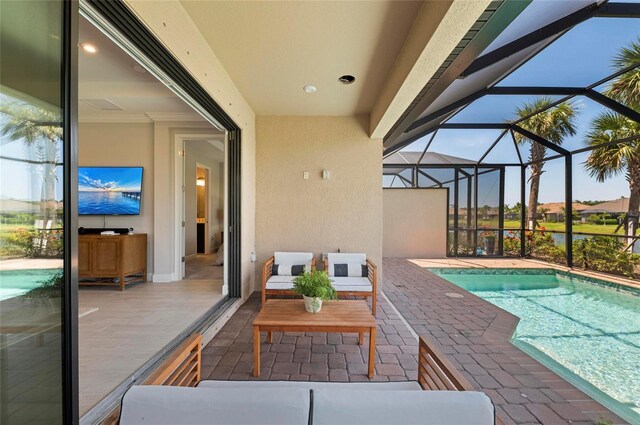 15707 Sacile Ln, Bradenton, FL 34211 - outdoor pool featuring a patio and glass enclosure