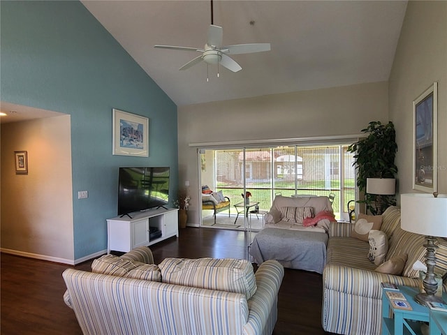 7273 Cedar Hollow Cir Unit 102, Bradenton, FL 34203 - living area featuring high vaulted ceiling, wood finished floors, a ceiling fan, and baseboards