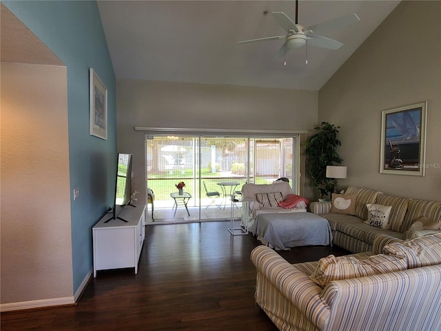 7273 Cedar Hollow Cir Unit 102, Bradenton, FL 34203 - living room with dark wood-style floors, ceiling fan, high vaulted ceiling, and baseboards