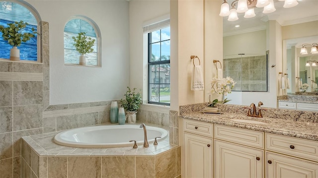 5622 Arnie Loop, Lakewood Ranch, FL 34211 - full bath featuring a chandelier, vanity, a garden tub, ornamental molding, and plenty of natural light