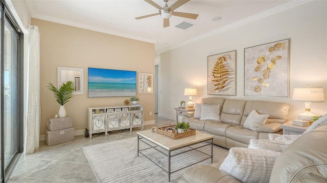 5622 Arnie Loop, Lakewood Ranch, FL 34211 - living room with ceiling fan, ornamental molding, and baseboards