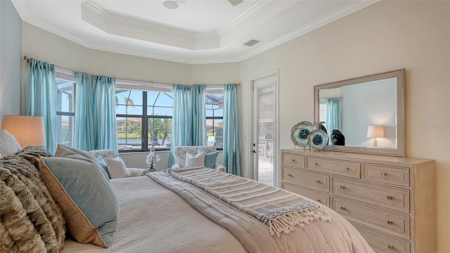 5622 Arnie Loop, Lakewood Ranch, FL 34211 - bedroom featuring ornamental molding, access to exterior, a raised ceiling, and ceiling fan