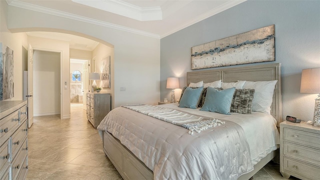 5622 Arnie Loop, Lakewood Ranch, FL 34211 - bedroom featuring arched walkways, ornamental molding, light tile patterned floors, and baseboards