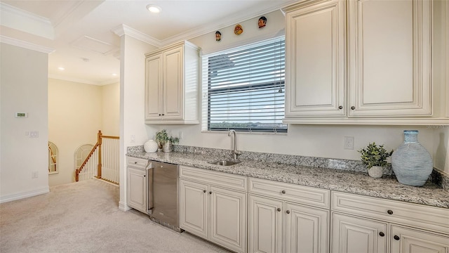 5622 Arnie Loop, Lakewood Ranch, FL 34211 - kitchen featuring a sink, fridge, light colored carpet, light stone countertops, and crown molding