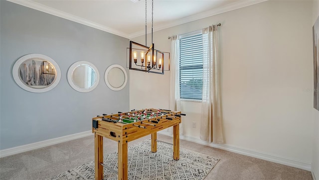 5622 Arnie Loop, Lakewood Ranch, FL 34211 - game room with light colored carpet, baseboards, crown molding, and a chandelier