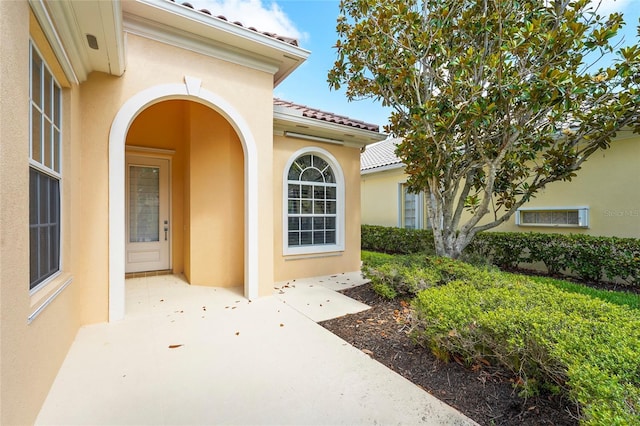 7716 Uliva Way, Sarasota, FL 34238 - view of exterior entry with stucco siding, a patio, and a tiled roof