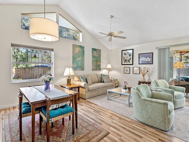 4869 Village Gardens Dr Unit 189, Sarasota, FL 34234 - living area featuring wood finished floors, ceiling fan, and high vaulted ceiling