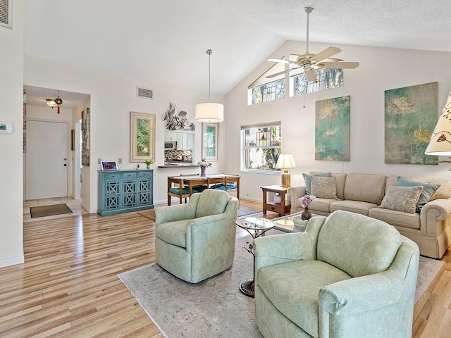 4869 Village Gardens Dr Unit 189, Sarasota, FL 34234 - living room featuring ceiling fan, light wood finished floors, and high vaulted ceiling