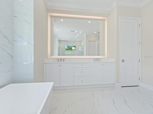 430 Pheasant Way, Sarasota, FL 34236 - full bathroom featuring a freestanding bath, double vanity, ornamental molding, a marble finish shower, and marble finish flooring