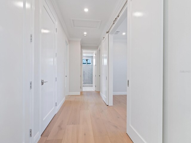 430 Pheasant Way, Sarasota, FL 34236 - hallway with crown molding, light wood-type flooring, and recessed lighting