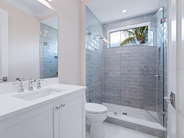 430 Pheasant Way, Sarasota, FL 34236 - full bath featuring a stall shower, vanity, ornamental molding, and recessed lighting
