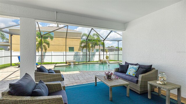 7379 47th Avenue Cir E, Bradenton, FL 34203 - view of swimming pool with a patio area, a fenced backyard, an outdoor living space, and glass enclosure