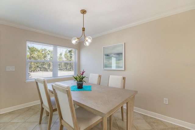 dining space with ornamental molding, a chandelier, baseboards, and light tile patterned floors