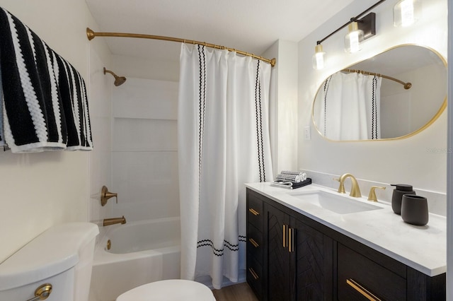full bathroom with toilet, vanity, and shower / bath combo with shower curtain