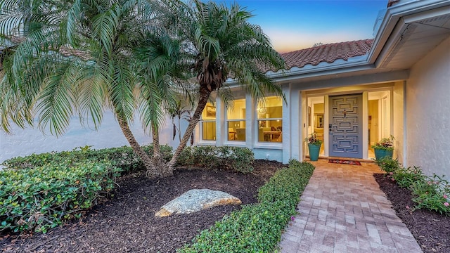 4665 Pine Harrier Dr, Sarasota, FL 34231 - doorway to property featuring stucco siding and a tile roof