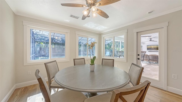 4665 Pine Harrier Dr, Sarasota, FL 34231 - dining room with light wood finished floors, healthy amount of natural light, ceiling fan, baseboards, and ornamental molding