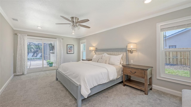 4665 Pine Harrier Dr, Sarasota, FL 34231 - bedroom with access to outside, light colored carpet, baseboards, crown molding, and ceiling fan