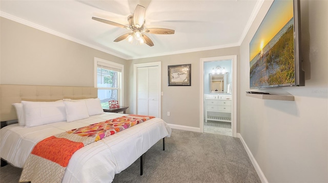 4665 Pine Harrier Dr, Sarasota, FL 34231 - bedroom with carpet flooring, ornamental molding, a closet, ensuite bathroom, and baseboards