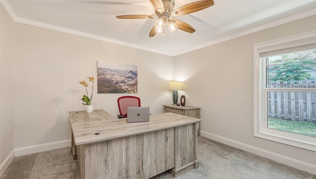 4665 Pine Harrier Dr, Sarasota, FL 34231 - home office featuring baseboards, light carpet, ornamental molding, and a ceiling fan