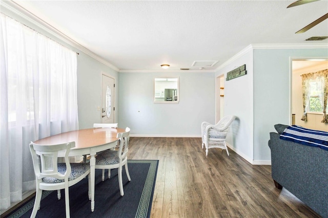 3102 SE 34th Ave, Okeechobee, FL 34974 - dining area with wood finished floors, a ceiling fan, ornamental molding, and baseboards
