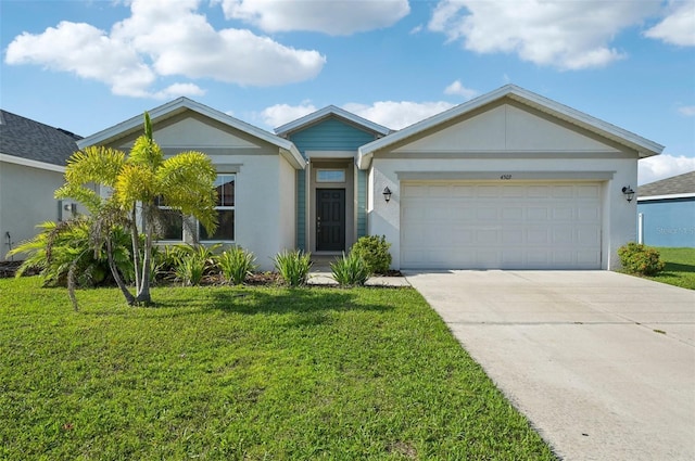 4503 Lindever Ln, Palmetto, FL 34221 - ranch-style home featuring concrete driveway, a front lawn, an attached garage, and stucco siding