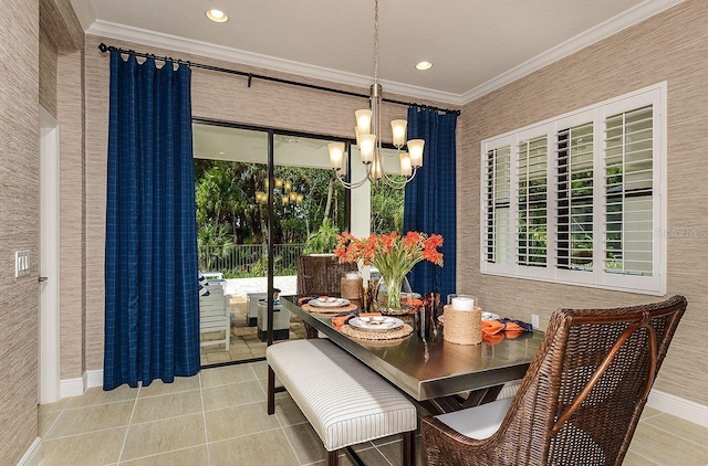 21225 Wacissa Dr, Venice, FL 34293 - tiled dining space featuring crown molding, a chandelier, healthy amount of natural light, recessed lighting, and baseboards